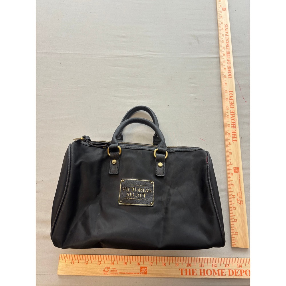 Victoria's Secret Black Nylon Satchel Bag Gold Logo Pink Interior Duffle